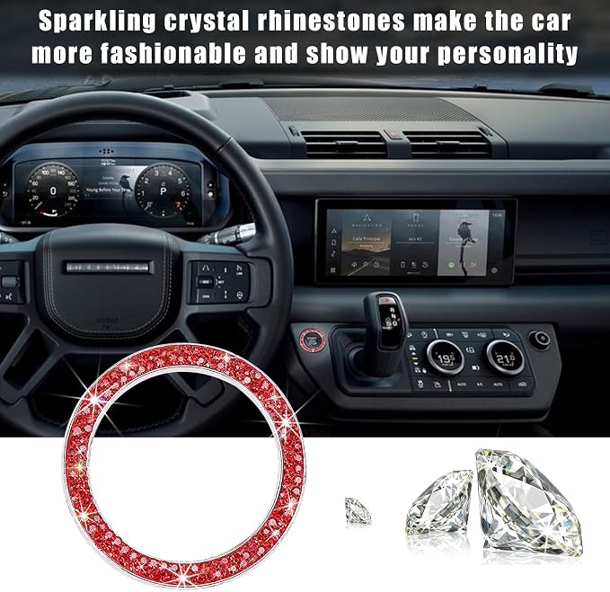 Kewucn 2 PCS Bling Crystal Double Rhinestone Car Engine Start Decoration Ring, Sparkling Push Start Button Sticker, Key Ignition & Knob Ring Decoration, Bling Car Interior Accessory(Red) - Image 5