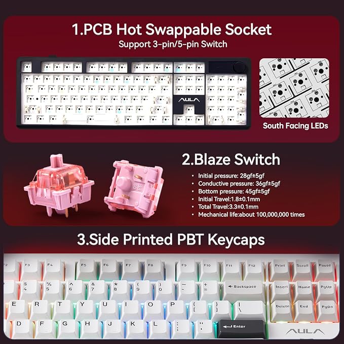 AULA F106 Pro Wireless Keyboard Full Size Mechanical Gaming Keyboards | Full Size,Hot Swappable Custom,8000mAh,RGB Backlit,Creamy Pre-lubed Blaze Switches,PBT Keycaps,Tri-Mode BT/2.4GHz/USB-C - Image 7