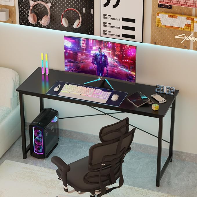 Sweetcrispy Small Computer Desk, 44" Office Writing Desk with Metal Frame & Wooden Tabletop, X-Shaped Reinforcement, Student Study Workstation for Home Bedroom, Black - Image 6