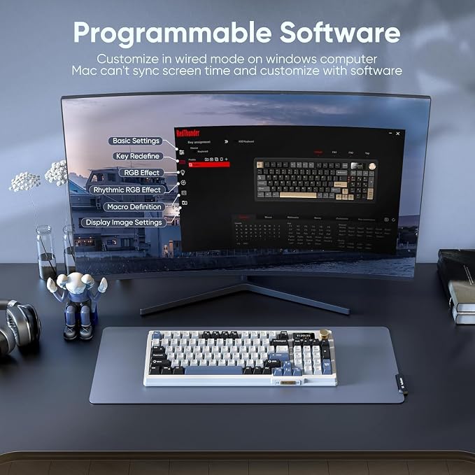 RedThunder K95 Wireless Mechanical Keyboard, TFT Screen & Knob, Tri-Mode BT5.0/2.4GHz/USB-C Hot Swappable Custom, Pre-lubed Linear Switches, Gasket Structure, RGB Gaming Keyboard, Snowy White-Blue - Image 3