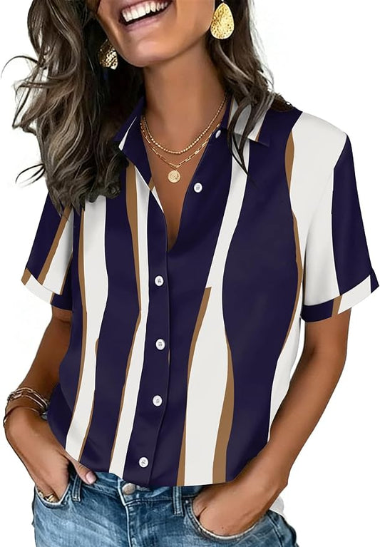 Zeagoo Button Down Shirts for Women Short Sleeve Collared Tops Dressy Casual V Neck Blouses by Zeagoo