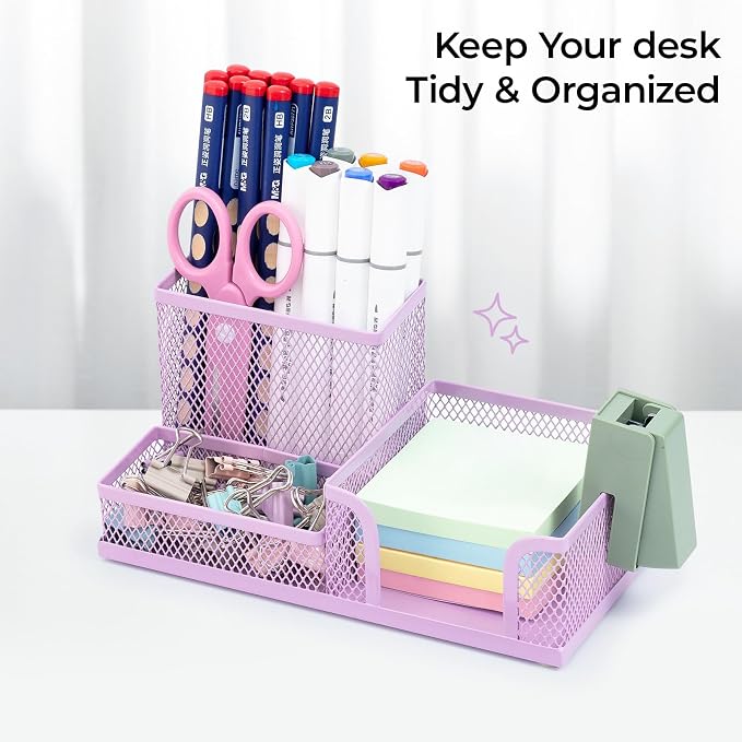 M&G Mesh Pen Holder Desk Organizers Pencil Holder for Desk Purple, 3 Compartments Metal Office Supply Organizer with Sticky Notes Holder for Home Office - Image 7