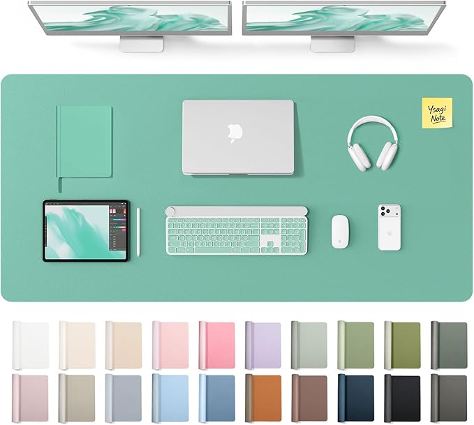YSAGi Leather Desk Pad Protector, Office Desk Mat, Large Mouse Pad, Non-Slip PU Leather Desk Blotter, Laptop Desk Pad, Waterproof Desk Writing Pad for Office and Home (Green-Blue,55" x 24") by YSAGi
