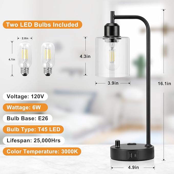 Industrial Nightstand Lamps for Bedrooms Set of 2 - Fully Dimmable Bedside Lamps with USB A C Ports and Outlet, Black Table Lamps with Clear Glass Shade for Living Room, Desk Lamps for Office Reading - Image 6