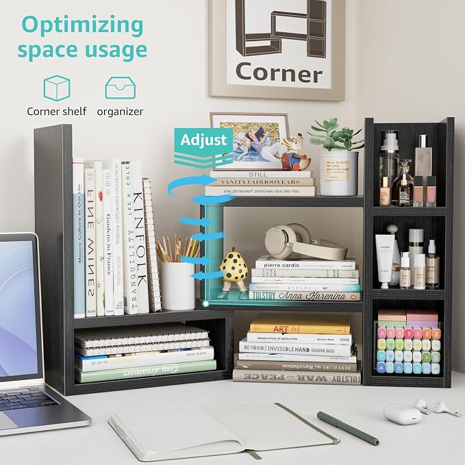 NUTIKAS Desk Shelves Desktop Organizer Shlef - Black Office Organization for Top of Desk Organizers and Accessories Corner Bookshelf Table Top Shelving Small Hutch Decorations for Office - Image 6