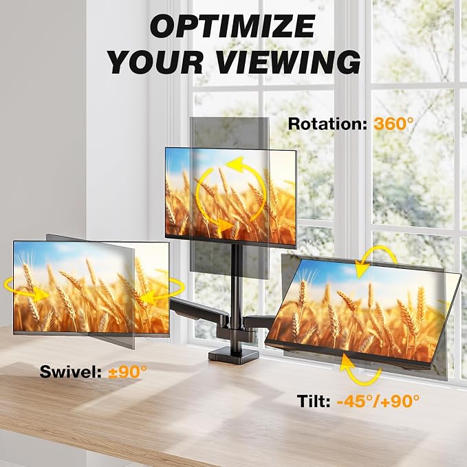 5Rcom Triple Monitor Mount Stand for 17-34 Inch Computer Screens | Gas Spring Full Motion Arms, Each Holds 22lbs, Compatible 75/100mm VESA Mount - Image 3