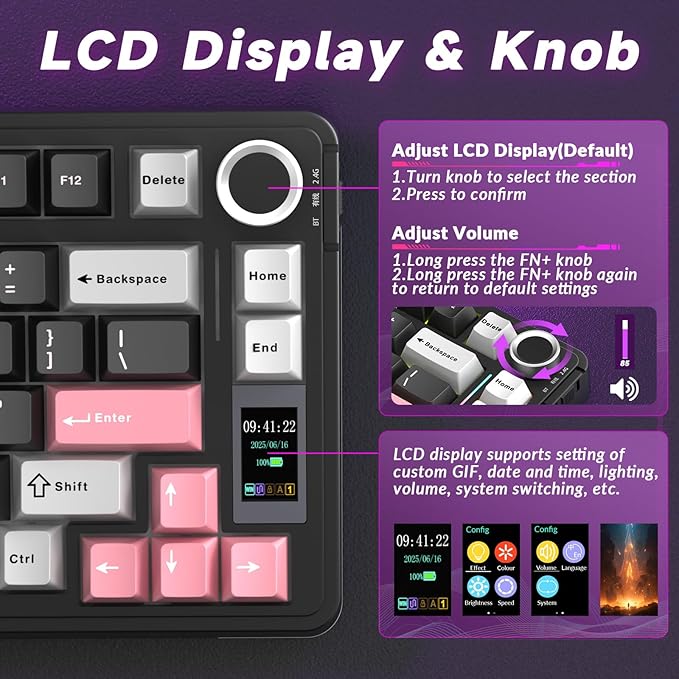 AULA S75 PRO Wireless Mechanical Keyboard with Screen&Knob, 75% Hot Swappable Gaming Keyboard with Pre-lubed Switches, RGB Backlit, PBT Keycaps Creamy Sounding Pc Gaming Keyboards - Image 3