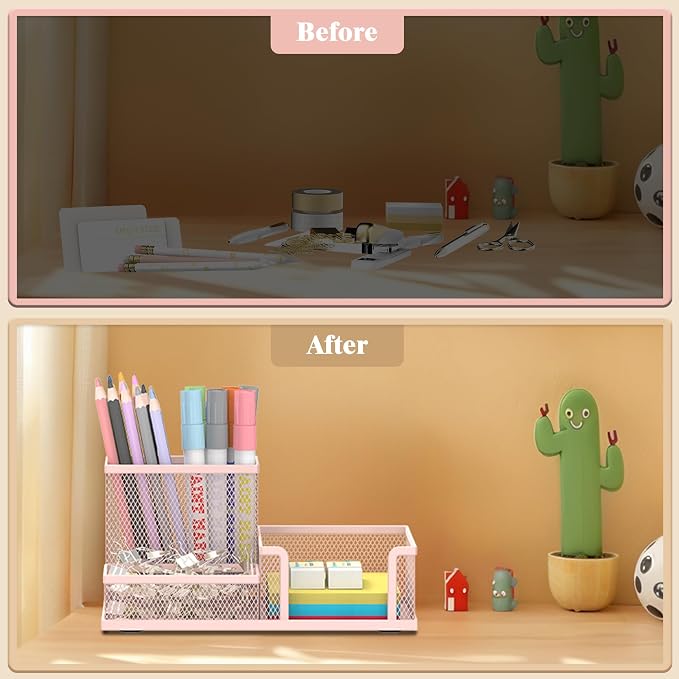SUPEASY Mesh Pen Holder Desk Organizer, Office Supplies Pencil Storage with 3 Compartments, Office Desk Accessories and Workspace Organizers for Home School Classroom, Pink - Image 7