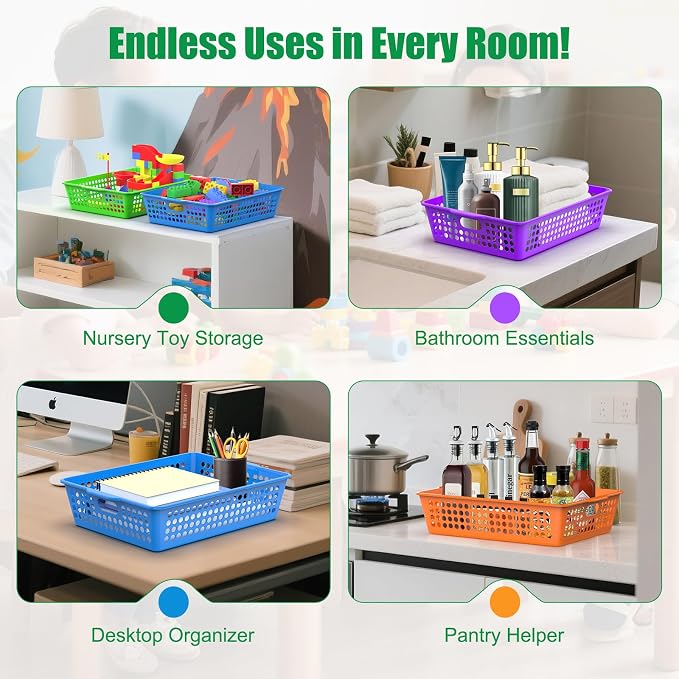 QRRICA 6 Pack Plastic Classroom Storage Baskets, Paper Trays for Classroom Organization & Turn in Trays for Teachers, Students, Desk Organizer Bin 13.8x10.6x3.1 Inch (Rainbow) - Image 7