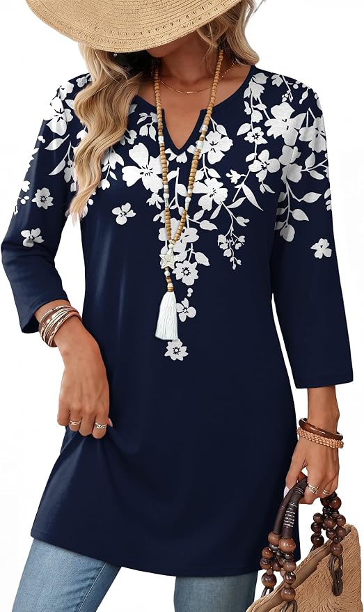 OFEEFAN Summer Boho Tops For Women 3/4 Length Sleeve Womens Tops Vacation Outfits by OFEEFAN