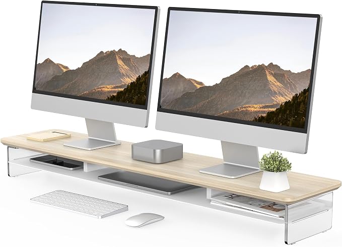 Fenge 42.5" Dual Monitor Stand with Clear Acrylic Legs, Oak | Clear acrylic, storage compartment, 2-tier home office monitor riser, wide large desktop shelf fit monitor/laptop/printer by Fenge