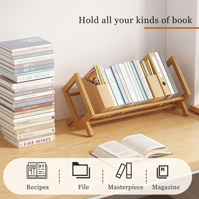 Wood Tilting Bookcase in Living Room/Home/Office, Desktop Book Shelf Organizer Bookshelves Storage Rack for CDs/Magazine/Books Display (Yellow, 19.68"-L) - Image 3