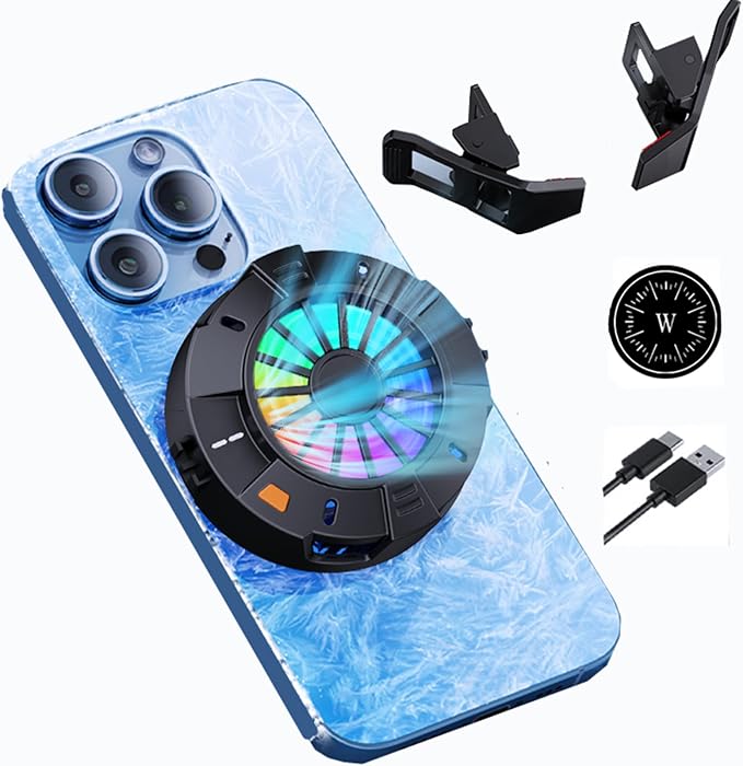 Magnetic Phone Cooler, RGB Portable Lightweight Cooling Fan with Large Cooling Area, Digital Display Phone Radiator for iPhone/Android/Tablet/iPad by Unknown