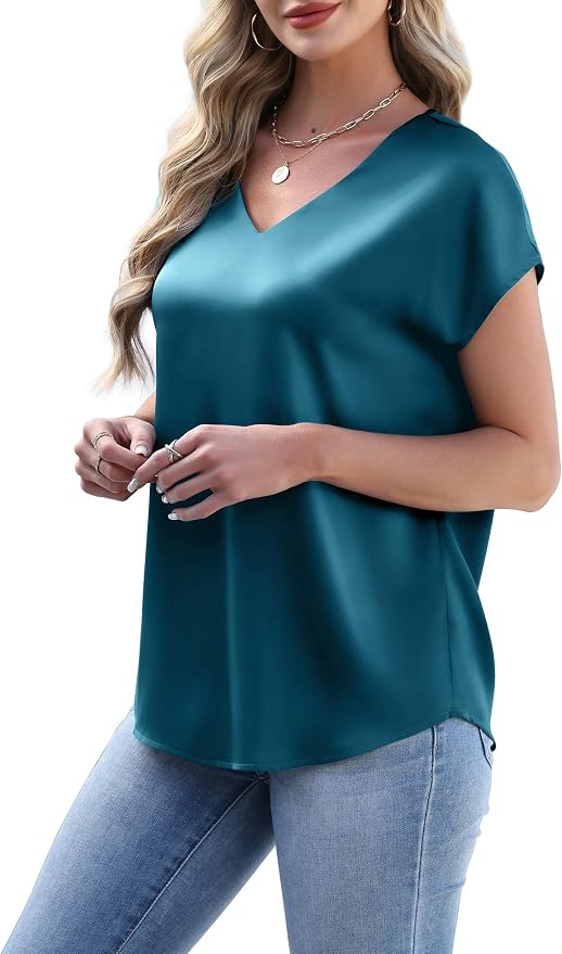 WIHOLL Womens Satin Summer Tops Cap Short Sleeve Blouses V Neck Shirts Business Casual Outfits Fashion Clothing 2026 - Image 3