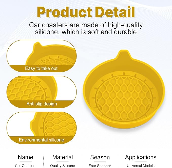 SINGARO Car Cup Holder Coaster, Silicone Cup Holder Insert, Universal Non-Slip Cup Holders, Car Accessories Interior for Women and Man 4 Pack Yellow - Image 4