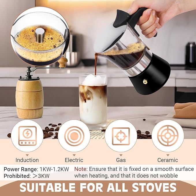 4 Cup 200ml Glass Moka Pot, Stovetop Espresso Maker, Black | Crystal Glass-top & Stainless Steel Coffee Maker, Induction Compatible, for Greca de Cafe, Cuban and Italian Coffee Brewing - Image 4