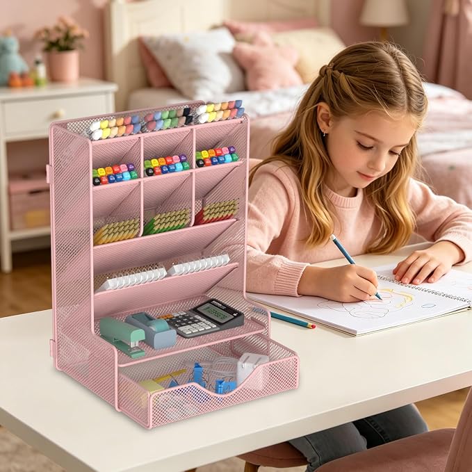 BOHDK Pen Organizer for Desk, Multi-Functional Desk Organizer, Wall Mount Pen Holder with Drawer for School, Office, Home, Art Supplies, Pink - Image 5