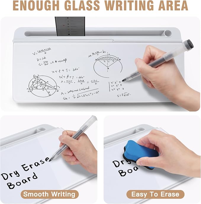SELEAD Desktop Glass Whiteboard with Organizer & Built-in Mirror, Small Dry Erase White Board Computer Pad Keyboard Stand for Home, School, Office Desk Accessories - White - Image 4