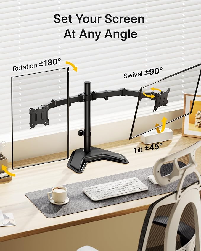 monTEK Freestanding Dual Monitor Stand for 17-32" Screens, 22 lbs Each | Solid V-shaped base, dual-screen full-motion arms, height adjustment, tilt, swivel, rotation and VESA 75/100 - Image 4