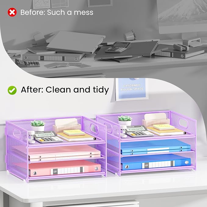 Subekyu 2-Pack 3-Tier Purple Metal Mesh Desk Paper Letter Tray & File Sorter Organizer with Handle + 1 Sliding Tray for Desk, Home, Office, School Supplies, A4 Paper and Accessories Storage - Image 2
