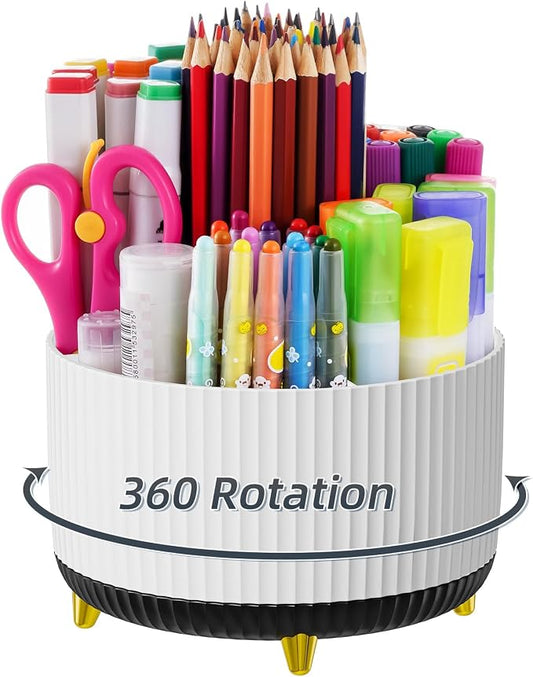 Marbrasse Desk Organizer, 360-Degree Rotating Pen Holder, Desk Organizers and Accessories with 5 Compartments Pencil Holder, Art Supply Storage Box Caddy for Office, Home (White+Black) by Marbrasse
