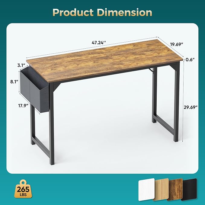 OLIXIS 47 Inch Computer Office Desk for Small Spaces, Writing Gaming Work Desk Modern Study Table with Storage Bag & Headphone Hook Home Bedroom, Rustic Brown | Computer Gaming Writing Workstation, Small Spaces for Home Bedroom, Rustic Brown - Image 3