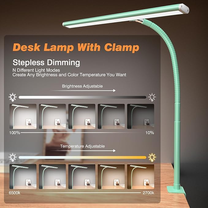 Airlonv LED Desk Lamp for Office Home, Eye-Caring Desk Light with Stepless Dimming Adjustable Flexible Gooseneck, 10W USB Adapter Desk Lamp with Clamp for Reading, Study, Workbench (Mint Green) - Image 2