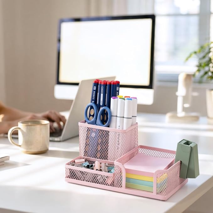 M&G Mesh Pen Holder Desk Organizers Pencil Holder for Desk Pink, 3 Compartments Metal Office Supply Organizer with Sticky Notes Holder for Home Office - Image 4