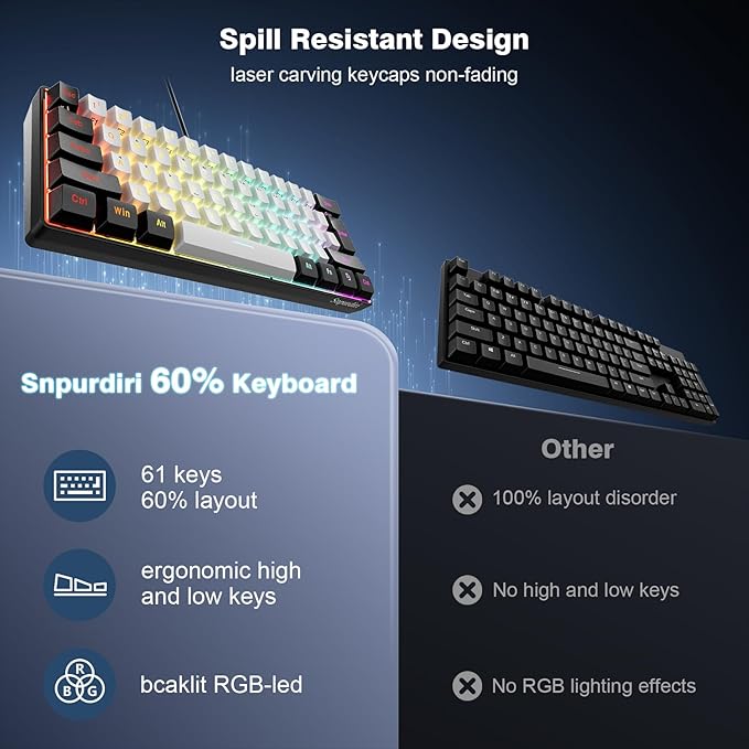 Snpurdiri 60% Wired Gaming Keyboard, 61 Keys RGB (Black-White) | Backlit Ultra-Compact Small Gaming Keyboard, for PC/Mac Gamer, Typist, Travel, Easy to Carry on Business Trip - Image 6