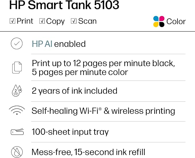 HP Smart Tank 5103 Wireless All-in-One Ink Tank Printer, Scanner,2 Years of Ink, 100 Sheets of Photo Paper Included, Cartridge-Free, Refillable, AI-Enabled (5D1B2A) - Image 7