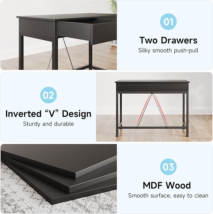Mexin Small Black Desk with 2 Wooden Drawers, 40 Inch Home Office Writing Desk, Black Vanity Desk with Storage, Computer Desk for Bedroom Small Spaces, Table for Office, Work, Kids Study, Makeup - Image 5