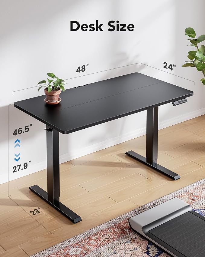 HUANUO Electric Standing Desk,47" x 28" Height Adjustable Desk, 4 Memory Height Settings, Sit to Stand Up Desk for Home Office, with Headphone Hook, Cable Manager, Black - Image 3