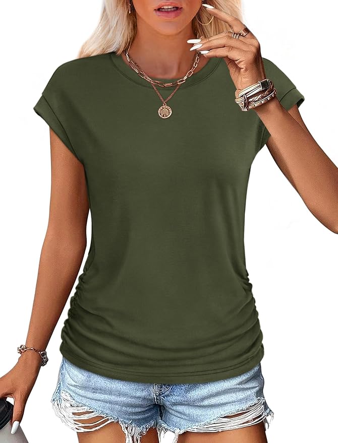 Sampeel Womens Summer Tops Trendy 2026 Ruched Cap Short Sleeve Tshirts Shirts Crew Neck T Shirts Fashion - Image 2