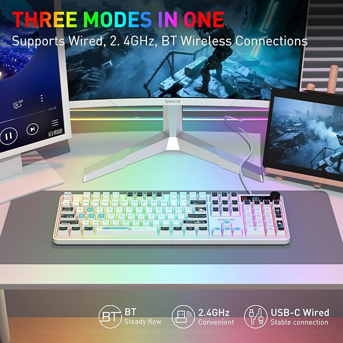 Redragon K526 PRO Wireless RGB Membrane Gaming Keyboard, LED Screen & Knob | See Battery, Mode & Time at a Glance, 0-Delay Tri-Mode, One-Touch Backlit & Media Adjust, 26-Key Anti-Ghost for Combo-Strike - Image 3