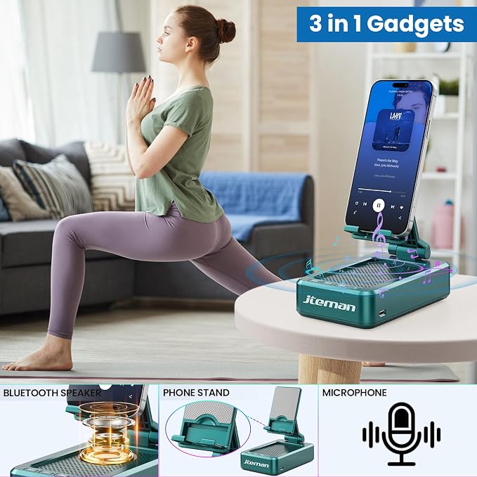 JTEMAN Cell Phone Stand with Wireless Bluetooth Speakers,Angle Adjustable Strong Pedestal Phone Stand for Desk,HD Sound and Bass Bluetooth Speaker Compatible with All Mobile Phones(Green) - Image 2