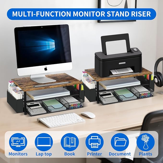 AUPSEN Wood Desk Organizers and Accessories, 2-Tier Computer Monitor Stand Riser with Drawer, Pen Storage & Phone Holder, Office Desk Accessories, Workspace Desktop Organization for Office Supplies（Brown） - Image 3