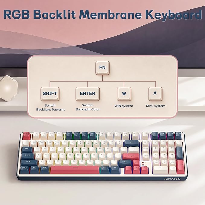 Redragon K528 Wireless Gaming Keyboard Bluetooth Computer Keyboards Creamy Cute with Number Pad RGB Backlit Tri-Mode BT/2.4GHz/USB-C, 4000mAh Battery for Win/MAC- Dusty Olive - Image 6