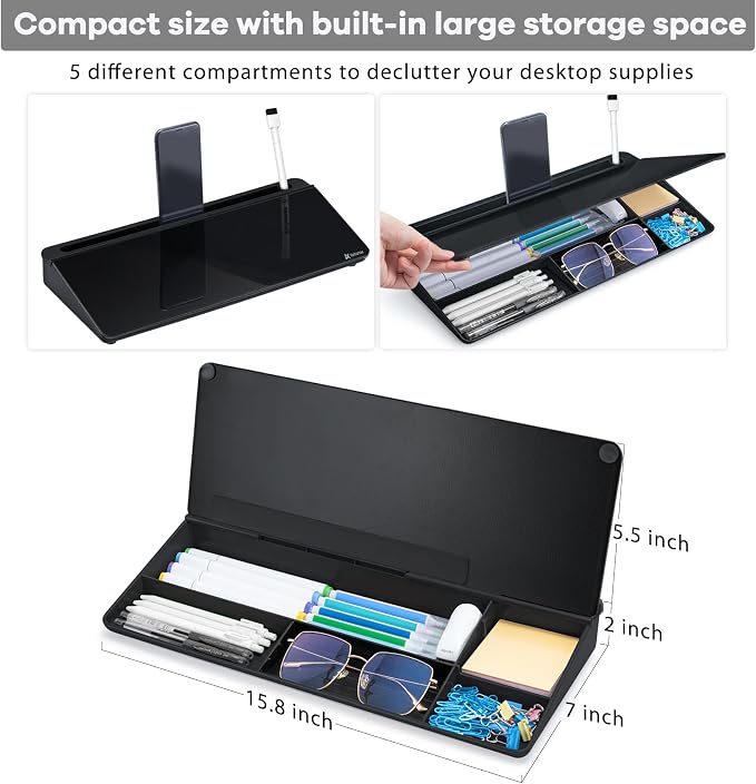 Varhomax Desktop Whiteboard with Storage, Desk Organizer Dry Erase Glass White Board to-do List Memo Notepad for Home Office and School Supplies (Black) - Image 3