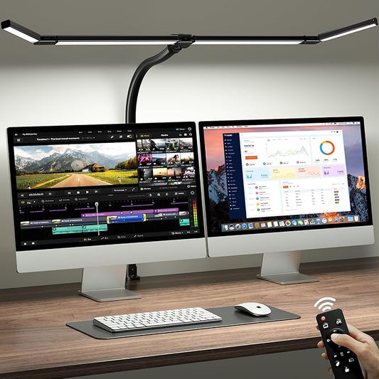 ONEMIX 42-Inch LED Desk Lamp for Dual Monitors with Clamp and Remote | 4 Adjustable Panels for Focused or Wide-Area Light, 1800LM, Flexible Gooseneck, 5 Color Temps, 5 Brightness Levels, Timer by DeskLamp