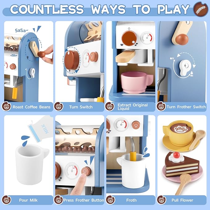 GAGAKU Wooden Coffee Machine Toy with Grinder，15 pcs Wood Play Kitchen Accessories for Kids Non-Toxic Pretend Play Barista Set Learning Gift for Toddlers Girls Boys Ages 3+ - Image 3