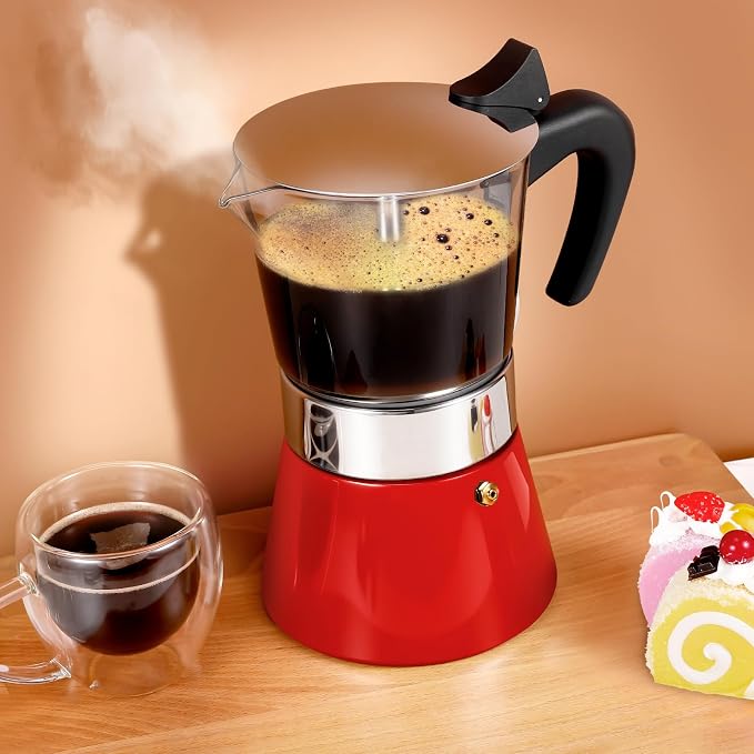 9 Cup 450ml Glass Moka Pot, Stovetop Espresso Maker, Red | Crystal Glass-top & Stainless Steel Coffee Maker, Induction Compatible, for Greca de Cafe, Cuban and Italian Coffee Brewing - Image 6