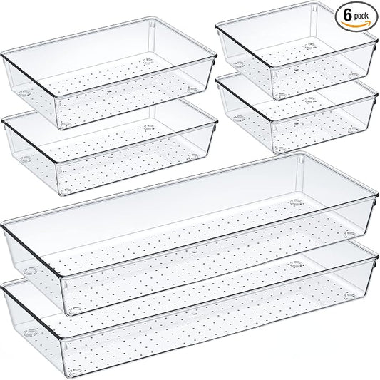 Criusia 6 Pcs Large Size Clear Drawer Organizer Set, Acrylic Non Slip Non Cracking Kitchen Drawer Storage Tray Divider, Multifunctional Storage for Cosmetics, Bathroom, Tools, Kitchen and Office by Criusia