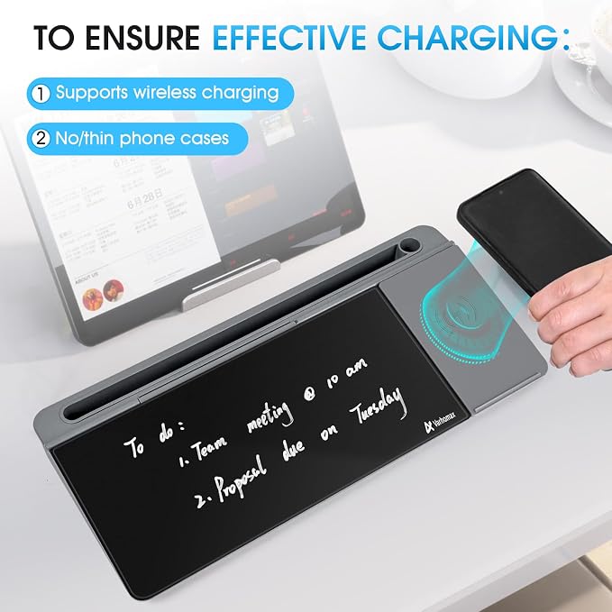 Varhomax Glass Desk Whiteboard with Wireless Charger, Desktop Organizer Dry Erase White Board with Storage, to Do List Memo Notepad for Home Office and School Supplies (Gray & Black) - Image 3