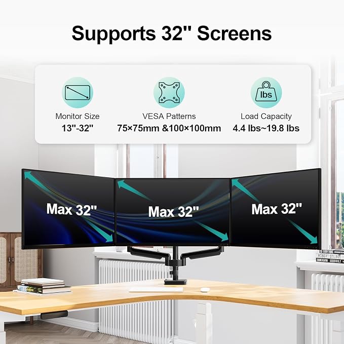 MOUNT PRO Triple Monitor Mount, 3 Monitor Desk Mount for Three Screens up to 32 Inch, Full Motion Gas Spring Heavy Duty Arm Hold up to 19.8lbs Each, Black - Image 7