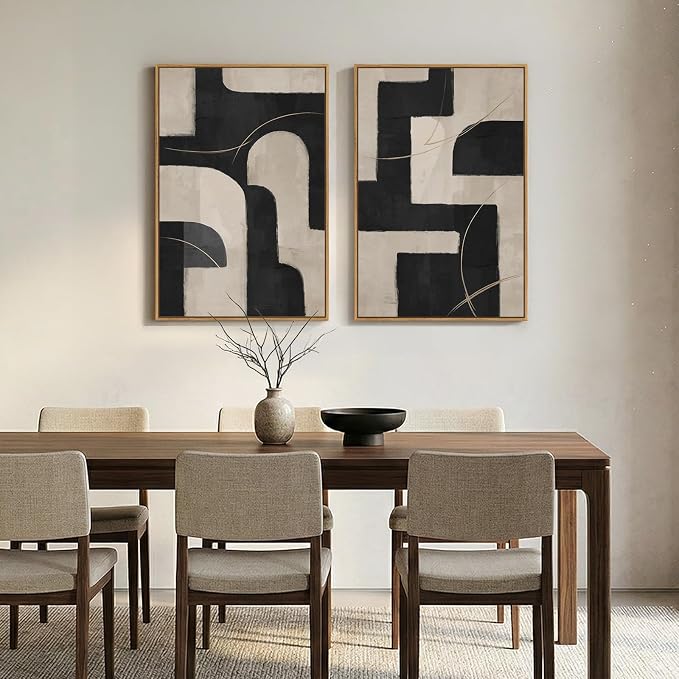 Large Framed Modern Neutral Abstract Wall Art, Set of 2 Minimalist Black and Beige Canvas Prints Paintings Artwork for Walls, Geometric Pictures for Living Room Hallway Bedroom Wall Decor 24x36 In - Image 5