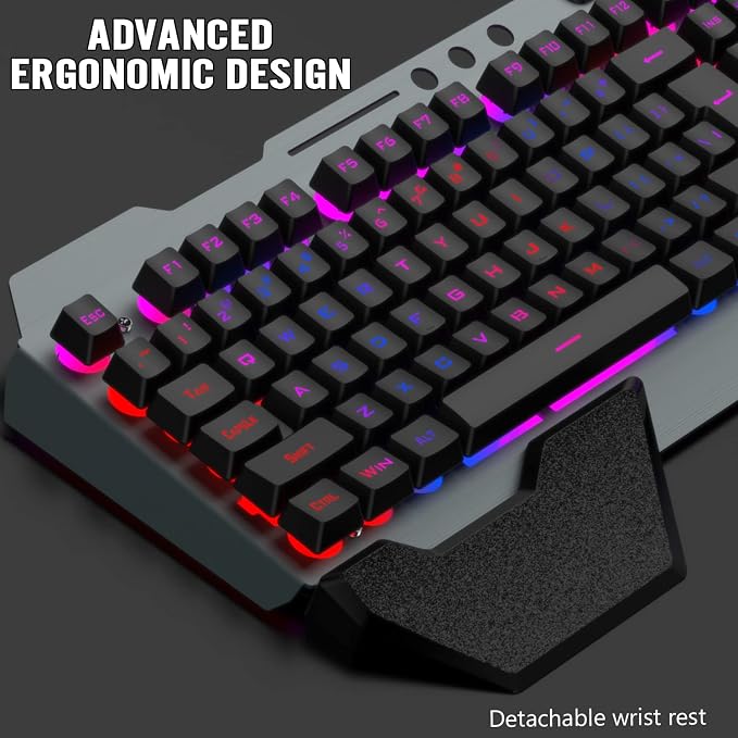 Wireless Gaming Keyboard and Mouse Combo,Rainbow LED Backlit Keyboard with Rechargeable 3800mAh Battery Metal Panel,Removable Wrist Rest Mechanical Feel and 7 Color Mute Gaming Mice for PC PS4 PS5 - Image 7