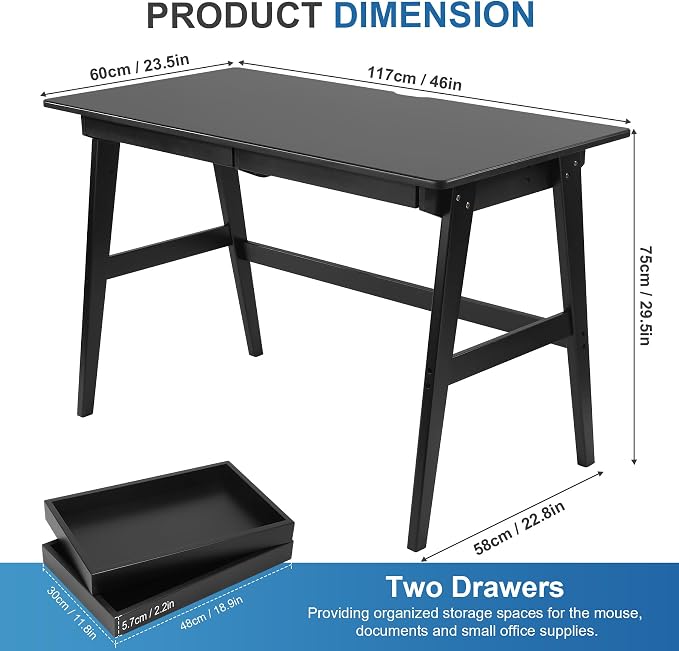 Nnewvante Bamboo Writing Desk, 46" Computer Desk with Drawers, Black | Modern Simple Desk with Storage for Home Office Bedroom - Image 2