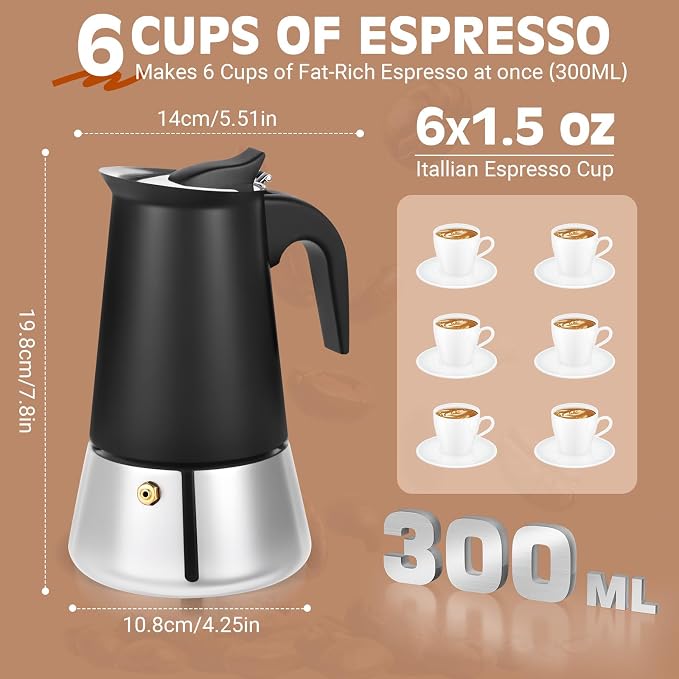 6 Cup Stainless Steel Moka Pot, 300ml Stovetop Espresso Maker, Black - Image 6