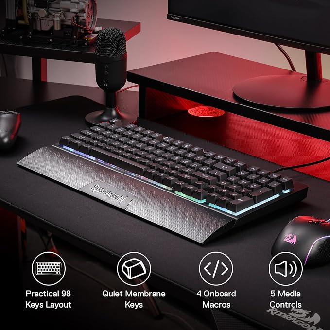 Redragon K515 Shiva Wired RGB Membrane Gaming Keyboard, 98 Keys Mechanical-Feel Keyboard w/Smooth Linear Switch, On-Board Macro & Dedicated Multimedia Keys, Detachable Wrist Rest, Software Supported - Image 2