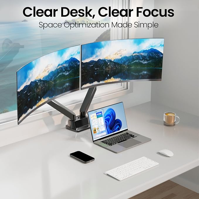 EVEO Premium Dual Monitor Mount 14"-32” Dual Monitor Arm VESA Bracket Adjustable Height Gas Spring Dual Monitor Stand, Screen Full Motion Dual Monitor Arm-Computer Monitor Stand for 2 Screens - Black - Image 5